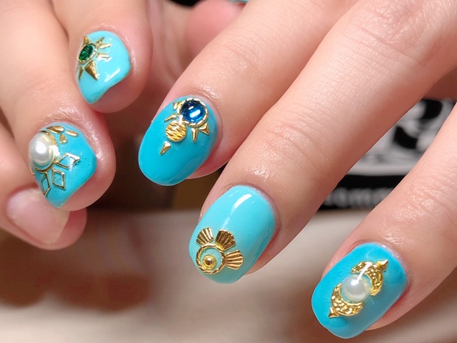 パーツアートネイル×ターコイズブルー